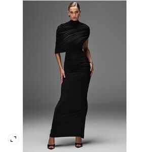 club london glitz black high neck maxi dress with cape sleeve and ruched detail